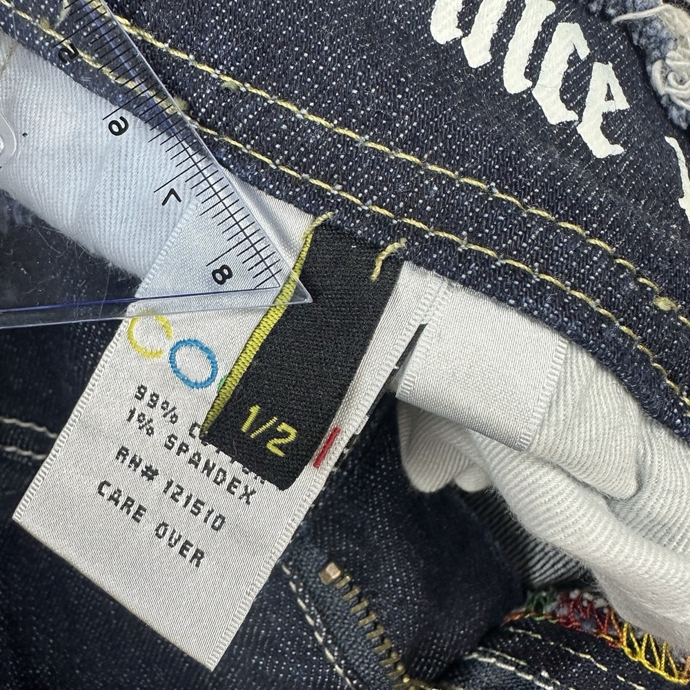 COOGI Y2K Denim Mini Skirt Women's Size 1/2 Jean Skirt Embroidered Distressed - Picture 6 of 12